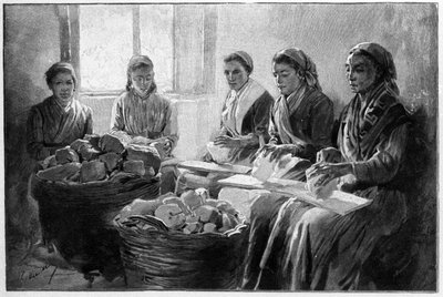 Operai che tagliano pietra pomice a Lipari, Sicilia, incisione del XIX secolo da Unknown artist