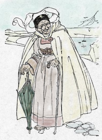 Prima guerra mondiale: una spia tedesca travestita da vecchia vendemmiatrice, con un cannocchiale a ombrello e un bastone che scatta fotografie da Unknown Artist