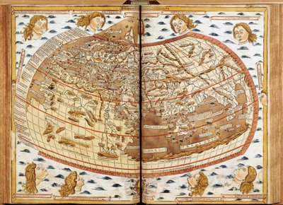 Mappa del mondo di Claudio Tolomeo. Le teste umane che soffiano aria rappresentano i diversi venti (i cui nomi sono indicati). In 