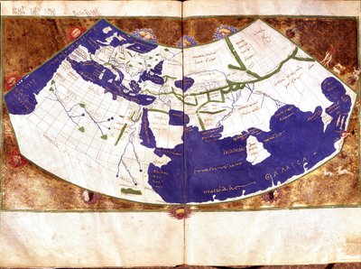 Mappa del mondo di Claudio Tolomeo (90-168 d.C.), astronomo e astrologo greco - Rappresentazione della Terra piatta senza i poli Nord e Sud e senza il continente americano - Manoscritto del XV secolo - Venezia, Biblioteca Marciana da Unknown artist
