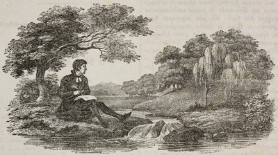 Scrittore sotto un albero davanti a un ruscello, illustrazione da Teatro universale, Raccolta enciclopedica e scenografica, n. 575, 19 luglio da Unknown artist