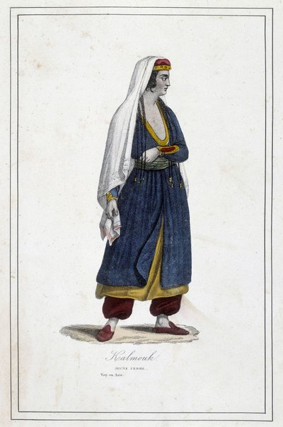 Giovane donna Kalmouk (popolo mongolo della Siberia meridionale) - in “I diversi popoli della terra” di Fr. Jouhanneaud da Unknown artist