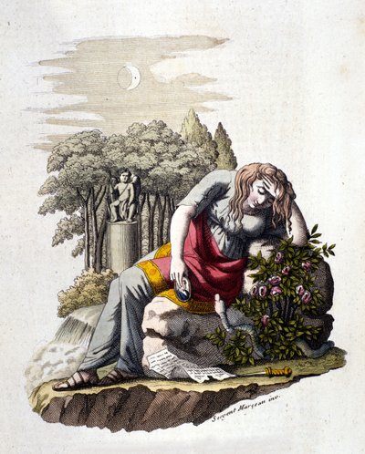 Giovane ragazza che piange dopo aver letto una lettera del suo amante. da Unknown artist