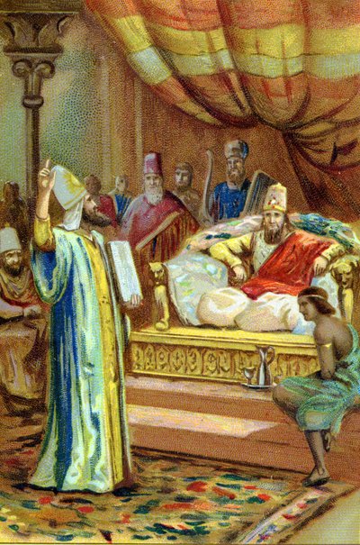 Zarathustra (Zarathustra, Zarathushtra, Zarathustra o Zoroastro), profeta e riformatore religioso iraniano (VI secolo a.C.) alla corte del re di Bactria. Cromolitografia del XIX secolo da Unknown artist