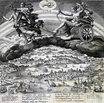 Segno zodiacale Cancro. Luna, rappresentazione del carro di Semelee. Incisione del XIX secolo. da Unknown artist