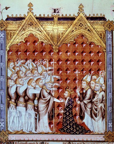 Unzione del re di Francia, alla presenza dei vescovi e dei suoi baroni. Miniatura in 