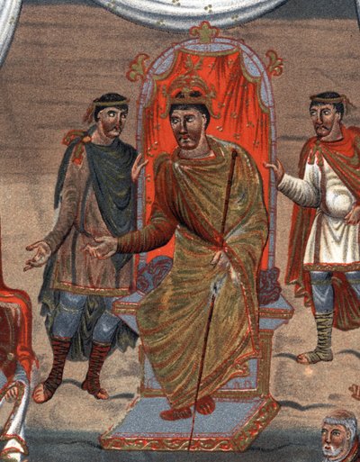 (dettaglio) Carlo II il Calvo, re di Francia che riceve una delegazione di monaci da Tours. Fac-simile in cromolitografia del XIX secolo dopo una miniatura del X secolo conservata alla B.N. di Parigi. da Unknown artist