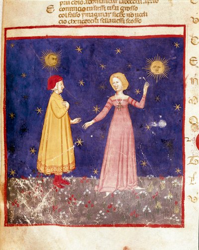 Primo cielo: Dante incontra Beatrice in Paradiso. Pagina miniata che illustra un canto del Paradiso tratta dalla 
