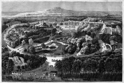 Vista generale del giardino di acclimatazione al Bois de Boulogne offerto e inaugurato da Napoleone III nel 1860, combinando natura, flora lussureggiante e animali esotici, in "l
