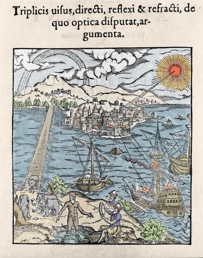 Illustrazione in "Opticae Thesaurus" di Alhazen, Abu Ali Al-Hasan Ibn al-Haitham (987-1038 o 965-1039?) - matematico, fisico e filosofo iracheno. 1572 da Unknown artist