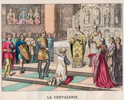 Investitura - La Cavalleria - Investitura di un Cavaliere - Incisione della fine del XIX secolo in "Nos Gires Nationales - Immagini e racconti" da Unknown artist