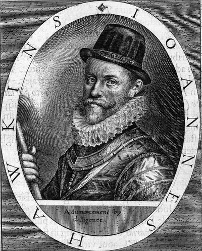 Ritratto di Sir John Hawkins (Hawkyns) Ammiraglio inglese (1532-1595), noto per essere stato il primo a commerciare in schiavi, fece diversi viaggi, finanziati da mercanti londinesi, tra Africa e Americhe. Incisione del 1620 da Unknown artist