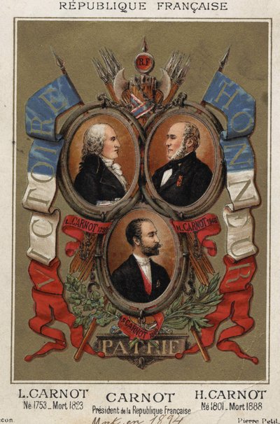 Ritratti di Lazare Carnot politico francese (1753-1823), Hyppolite Carnot (1801-1888) e Sadi Carnot presidente della repubblica francese. da Unknown artist