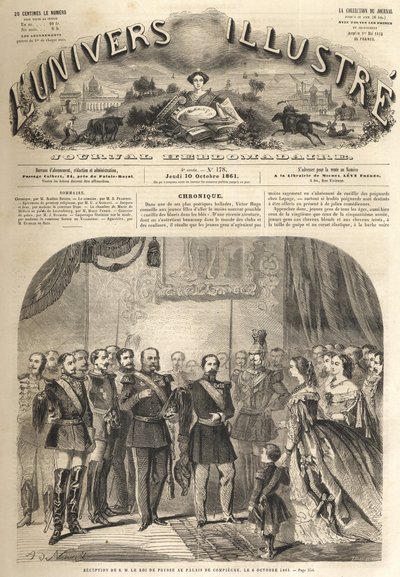 La visita di Guglielmo, re di Prussia, a Napoleone III, imperatore dei francesi, a Compiègne, Francia 1861 - Visita di Guglielmo I di Prussia (1797-1888) a Compiègne in presenza di Napoleone III - Incisione da "L
