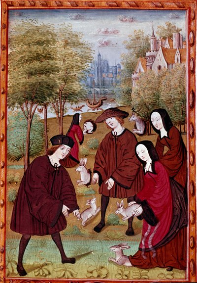 Giovani che giocano con i conigli. Miniatura dalla Storia di Giovanni III di Brush e sua moglie Luisa di Laval da Unknown artist