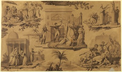 Disegno, cartone animato per tessuto di cotone stampato: i francesi in Egitto [Les Francais en Egypte], 1815 ca. da Unknown artistUnknown artist