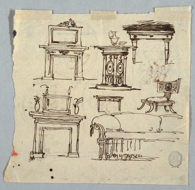Disegno, pezzi di camino, mobili e medaglione da soffitto, 1790-1810 da Unknown artistUnknown artist