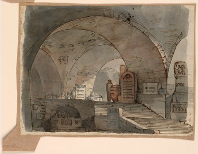 Disegno, scenografia, spazio sotterraneo a volta con tombe, inizio XIX secolo da Unknown artistUnknown artist