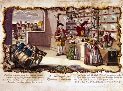 Incisione del XVIII secolo rappresentante una profumeria. da Unknown artist