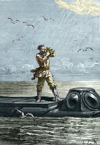 20.000 leghe sotto i mari. Capitano Nemo sul sottomarino "Nautilus". Illustrazione dal romanzo di Jules Verne "Ventimila leghe sotto i mari" da Unknown artist
