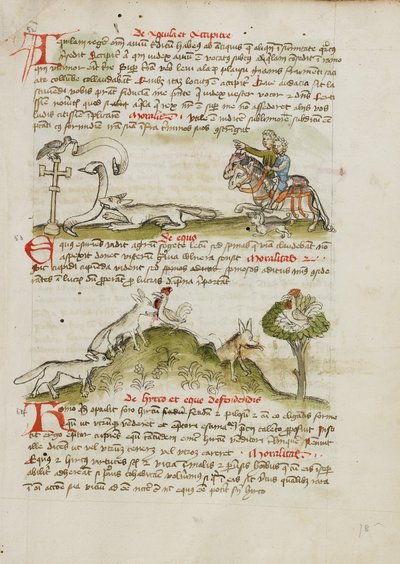 Una volpe che minaccia un uccello appollaiato su una croce di strada e due cavalieri che indicano la scena; una volpe che corre e cattura una gallina; una gallina su un albero sopra una volpe da Unknown artist