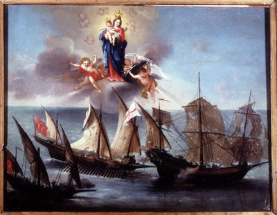 Una barca di Genova attaccata da una galeotta e una mezza galea barbarica. Ex-voto 1796. Museo navale di Genova-Pegli da Unknown artist