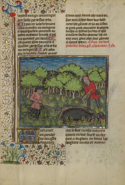 Un cacciatore che ferisce un cinghiale catturato in una fossa da Unknown artist