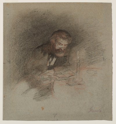 Un uomo che legge alla luce di una candela da Unknown artist