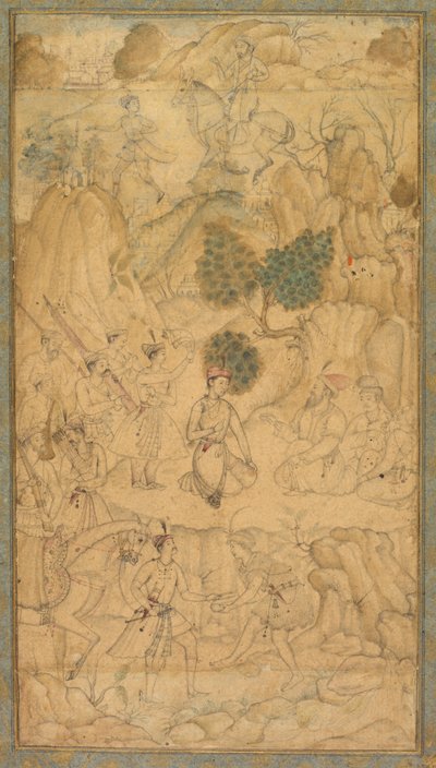 Un principe che visita un uomo santo in un paesaggio roccioso da Unknown artist