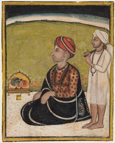 Un sovrano seduto su una terrazza che adora un santuario di Radha e Krishna da Unknown artist