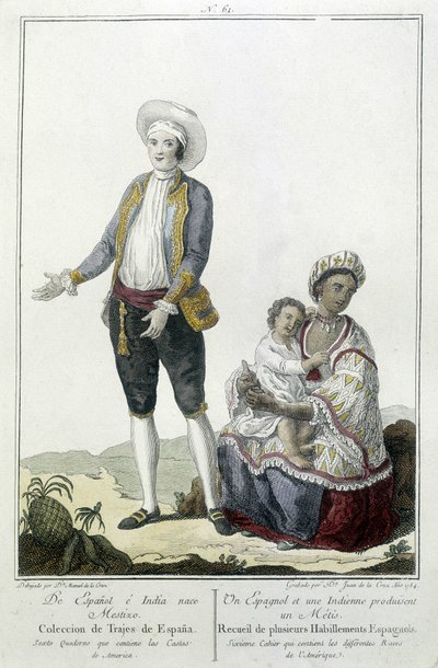 Uno spagnolo e un indiano danno alla luce un meticcio - incisione da Unknown artist