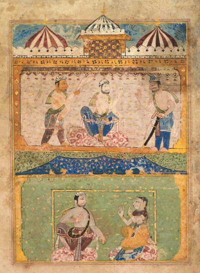 Un viaggiatore persuade Lorik a tornare a casa (in alto); Chanda si oppone (in basso), da una Chandayana (Storia di Chanda) da Unknown artist