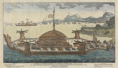 Vista della Zattera Francese, vista a St. Maloes, febbraio 1798. La macchina è lunga 600 piedi e larga 300, monta 500 pezzi di cannone, 36 e 48 libbre, ed è destinata a trasportare 15.000 truppe per l