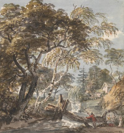 Un ruscello nel bosco con pescatore da Unknown artist