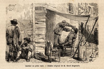 Un barbiere al vento per le strade di Roma. Incisione per illustrare il viaggio a Roma, di Francis Wey, nel 1864-1868, pubblicato in "Le tour du monde, nouveau journal des voyages", sotto la direzione di Edouard Charton da Unknown artist