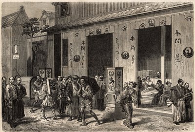 Una libreria, con pile di libri e lettori, a Yedo (o Edo, l