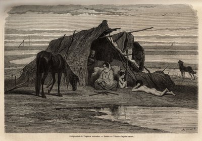 Un campo di zingari nomadi nelle pianure della Bosnia settentrionale. Incisione per illustrare i ricordi di viaggio tra gli slavi meridionali, di Georges Perrot, nel 1868, pubblicato in "Le tour du monde" 1870-1871, a cura di Edouard Charton, edizione Hach da Unknown artist