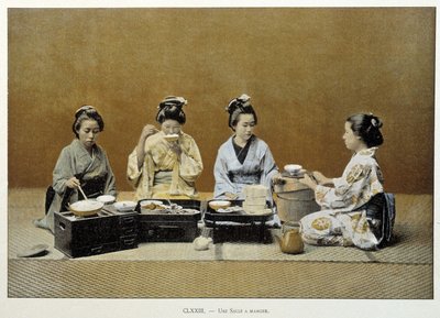 Una sala da pranzo in Giappone: donne che mangiano riso con bacchette e una di loro che serve il tè - n.d. fine XIX secolo da Unknown artist