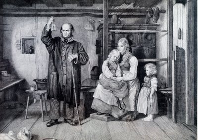 Un medico che esamina una bottiglia, probabilmente una fiala di urina, durante una visita a una madre e ai suoi due figli che vivono in povertà (incisione) da Unknown artist