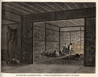 Un dormitorio in una locanda in Giappone. Incisione per illustrare il viaggio in Giappone nel 1863-1864, di Aime Humbert, ministro della Confederazione Svizzera, in "Le tour du monde, nouveau journal des voyages" da Unknown artist