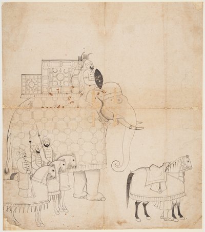 Un disegno di elefante e cavalli bardati da Unknown artist