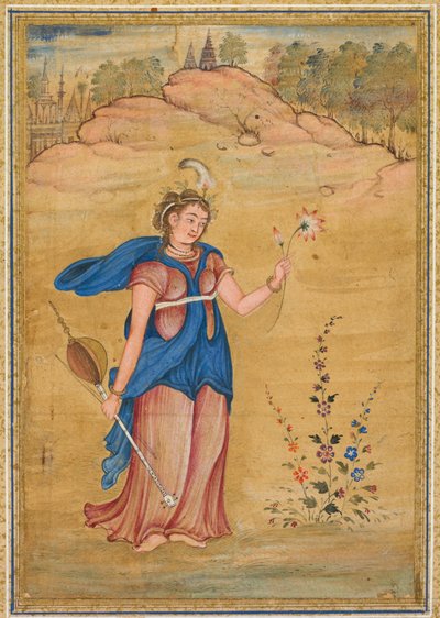 Figura femminile in un paesaggio con un khuuchir a quattro corde e un loto da Unknown artist