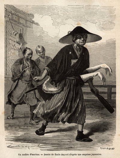 Un maestro di scherma, seguito da due aiutanti che portano il suo materiale, il maestro fa scivolare i suoi guanti bianchi sulle maniche delle sue spade. Incisione per illustrare il viaggio in Giappone, nel 1863-1864, di Aime Humbert, ministro della Confed da Unknown artist