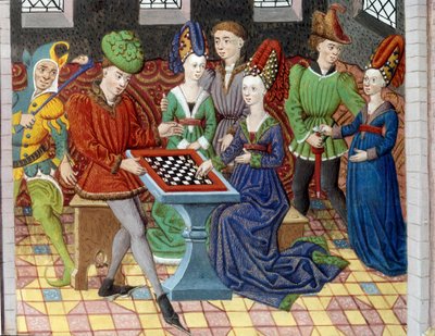 Una partita a scacchi tra due cortigiani nella stanza di un castello. Miniatura tratta da 