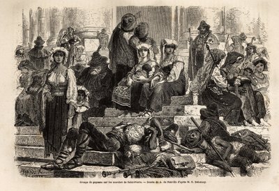 Un gruppo di contadini e pastori si riuniscono per la celebrazione della Settimana Santa sui gradini di San Pietro in Vaticano. Incisione per illustrare la storia della Settimana Santa a Roma, nel 1863, di Ludovic Celler, in 