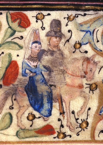 Un cavaliere e la sua dama: miniatura francese del 14° secolo da un manoscritto di Petrarca. Biblioteca comunale di Rimini. da Unknown artist