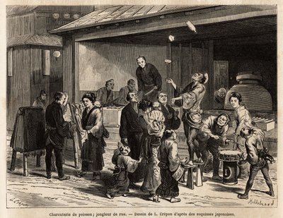 Una scena vivace di una strada di Edo (Tokyo), con un giocoliere itinerante davanti a una pescheria e un venditore di stoffe a buon mercato. Incisione per illustrare il viaggio in Giappone, di Aime Humbert, ministro della Confederazione Svizzera, nel 1863- da Unknown artist