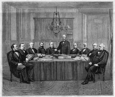 Una riunione del Consiglio dei Ministri a Versailles. Da sinistra a destra: Louis Buffet (1818-1898), Ministro dell