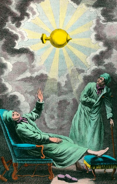 Un paralitico tende la mano a una fonte di luce elettrica che può ripristinare la sua forza. Frontespizio tratto da 