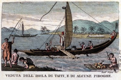 Una canoa polinesiana a Tahiti. A bordo un carico di cocco e frutti dell